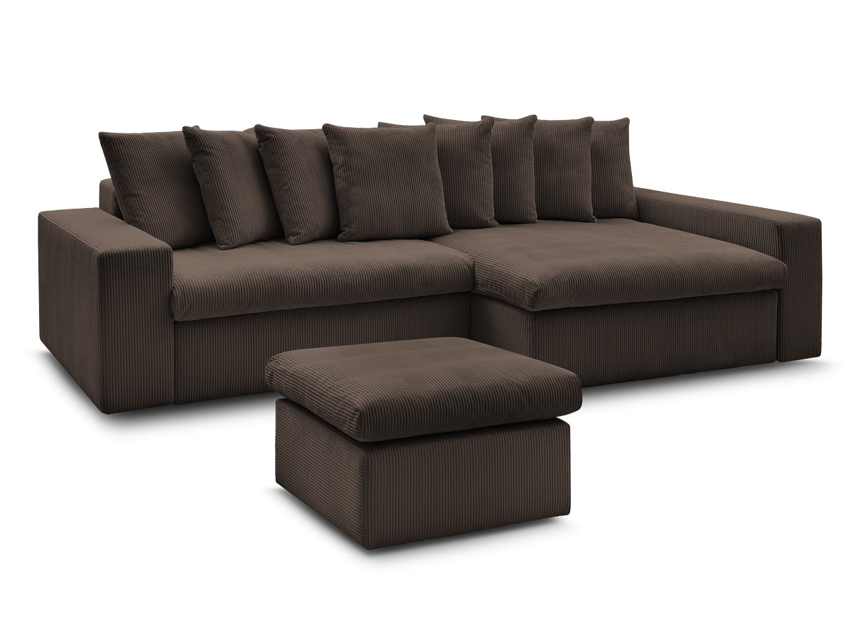canapé d'angle fixe enore velours côtelé avec pouf de couleur marron