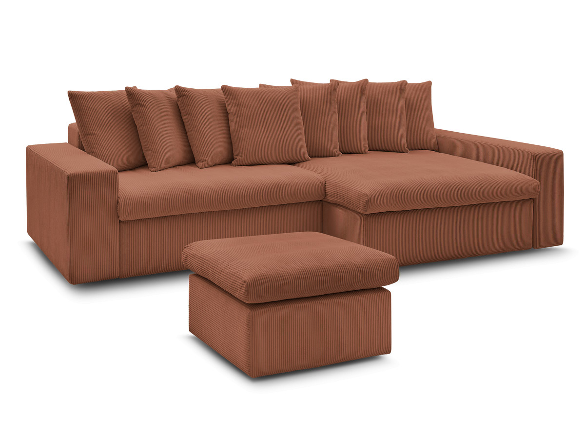 canapé d'angle fixe enore velours côtelé avec pouf de couleur orange