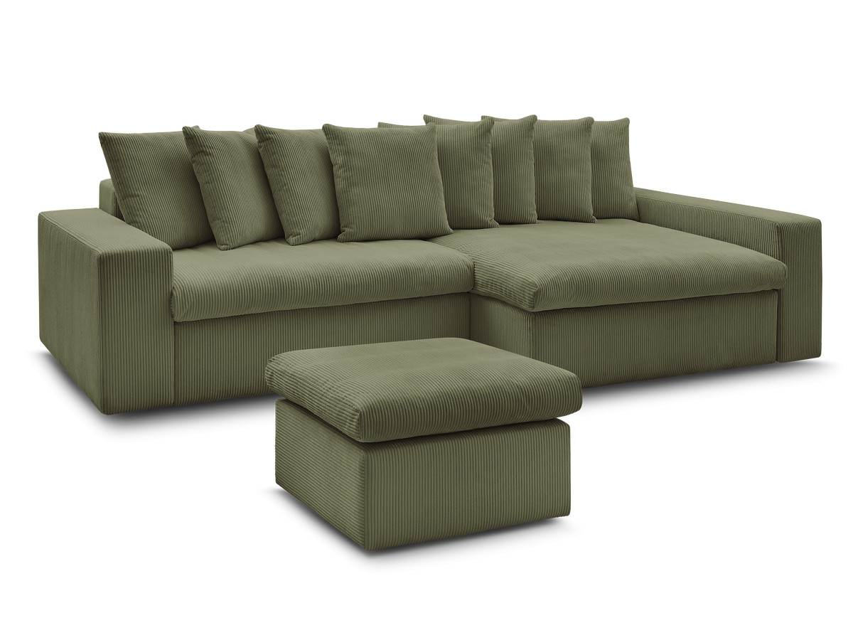 canapé d'angle fixe enore velours côtelé avec pouf de couleur vert clair