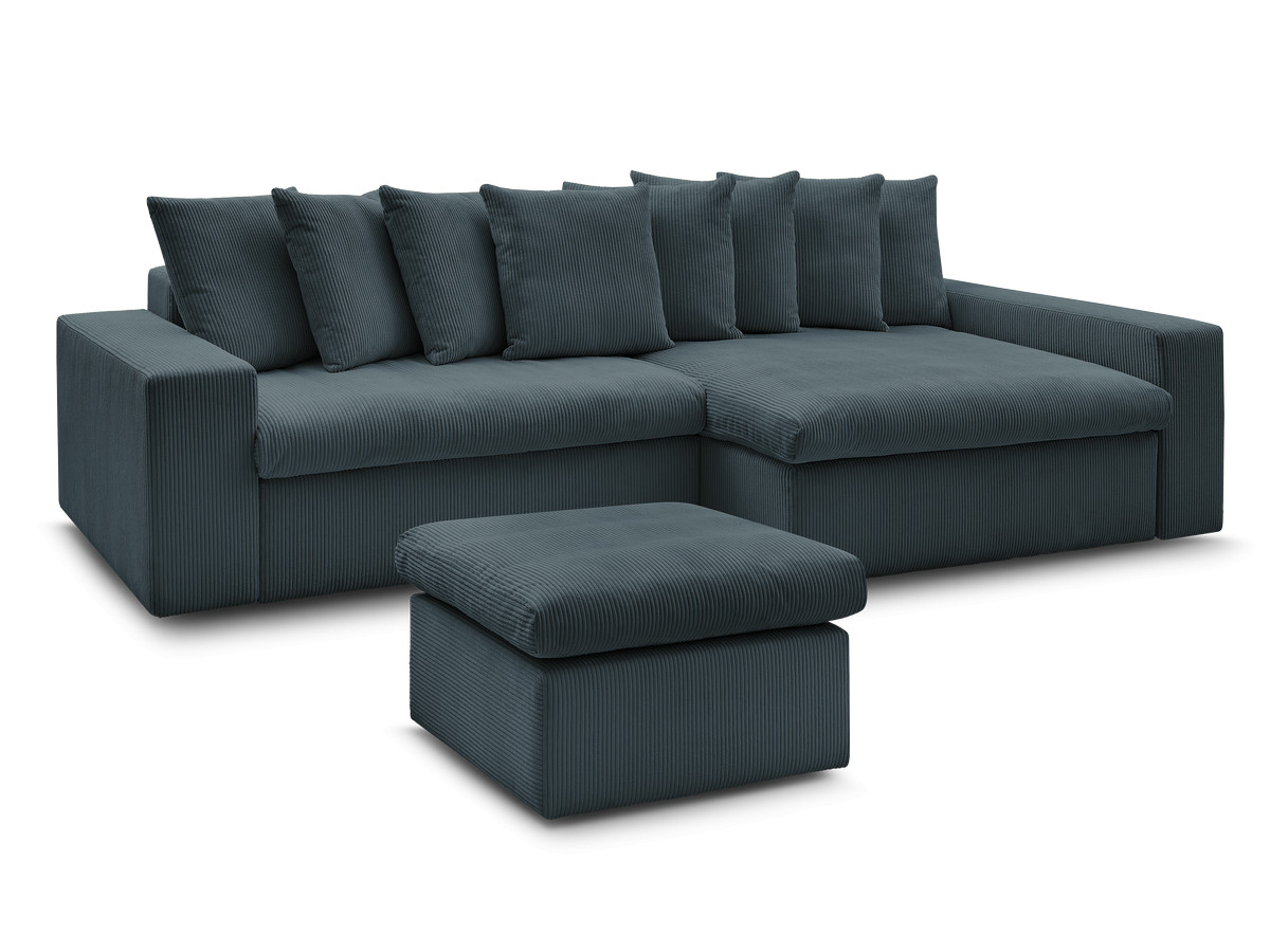 canapé d'angle fixe enore velours côtelé avec pouf de couleur bleu foncé