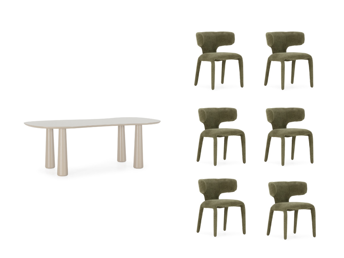 eetkamerset sasha met ovale beige eettafel 220 cm + stoelen mila in structuurstof gekleurd groente