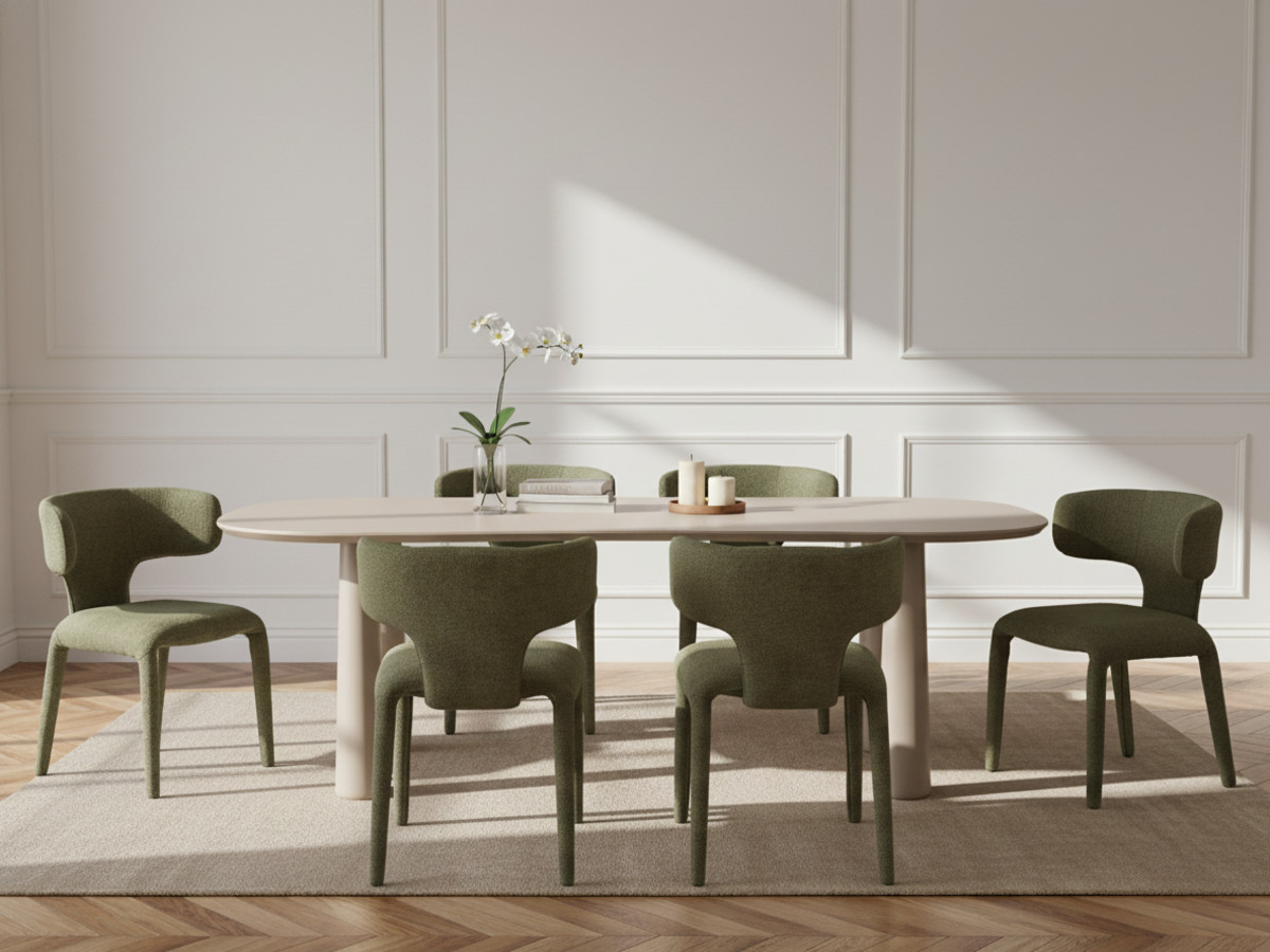 Eetkamerset SASHA met ovale beige eettafel 220 cm + stoelen MILA in structuurstof