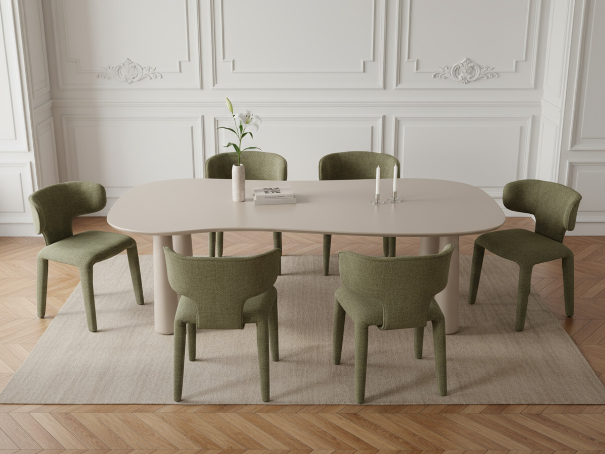 Eetkamerset SASHA met ovale beige eettafel 220 cm + stoelen MILA in structuurstof