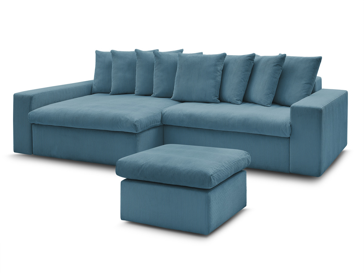 canapé d'angle fixe enore velours côtelé avec pouf de couleur bleu clair