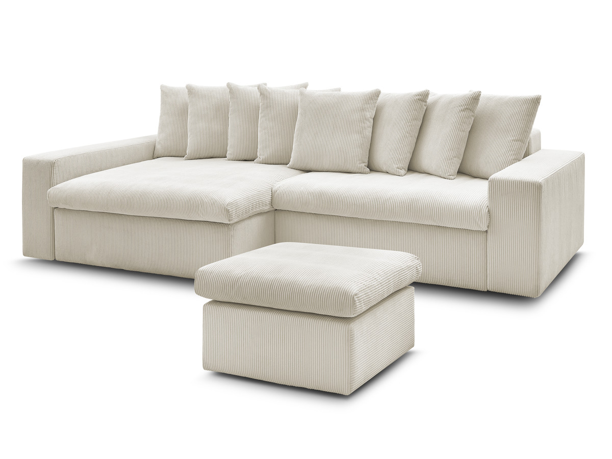 canapé d'angle fixe enore velours côtelé avec pouf de couleur beige