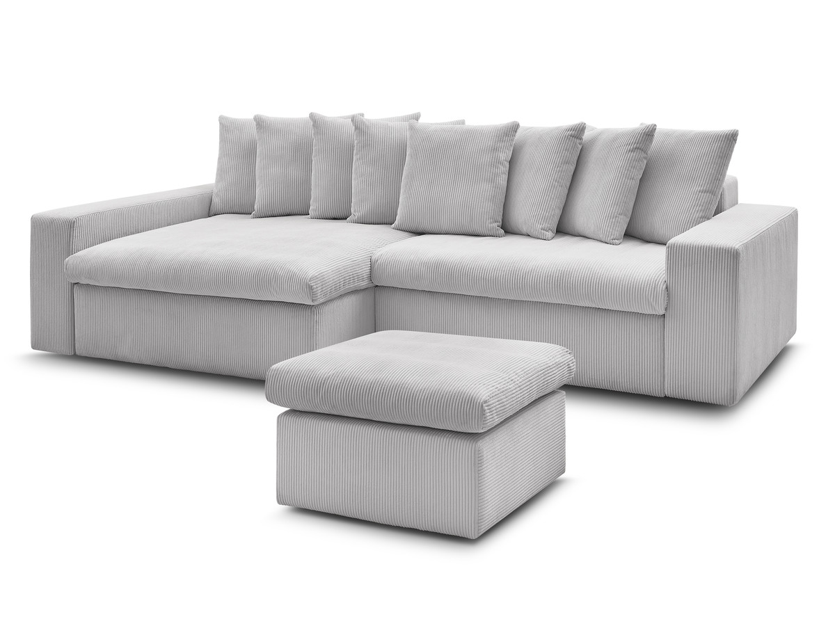 canapé d'angle fixe enore velours côtelé avec pouf de couleur gris clair