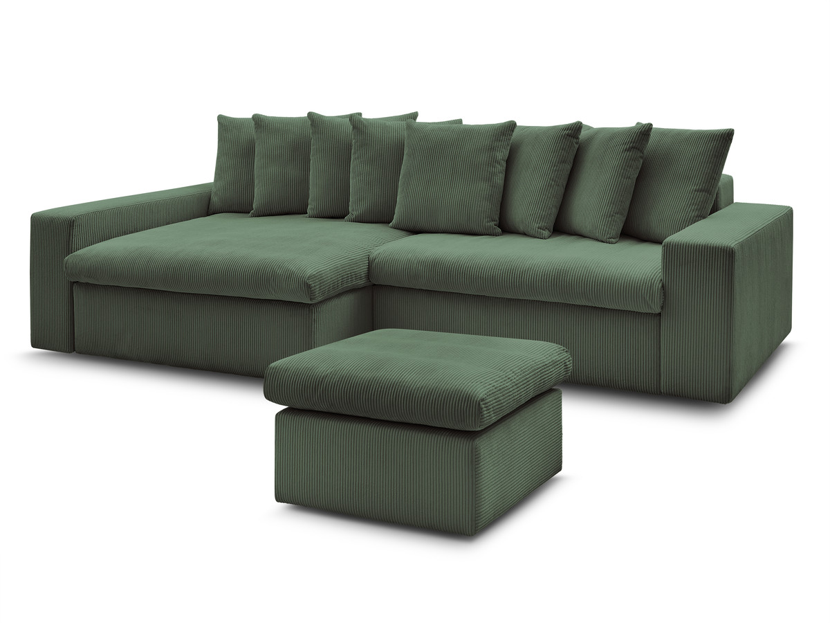 canapé d'angle fixe enore velours côtelé avec pouf de couleur vert foncé