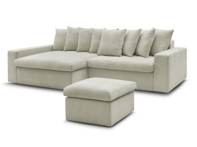 Canapé d'angle fixe ENORE tissu lisse avec pouf