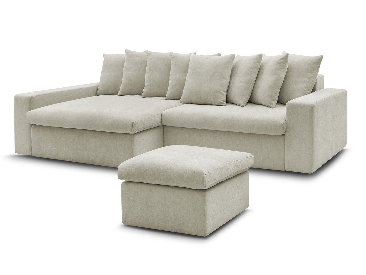 enore vaste hoekbank in gladde stof met voetenbank gekleurd beige