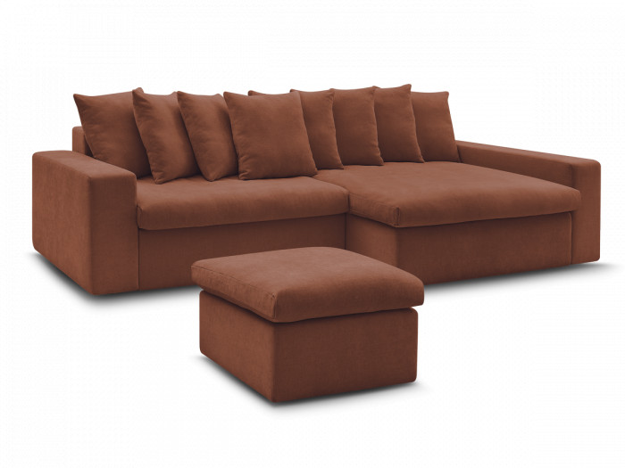 Canapé d'angle fixe ENORE tissu lisse avec pouf