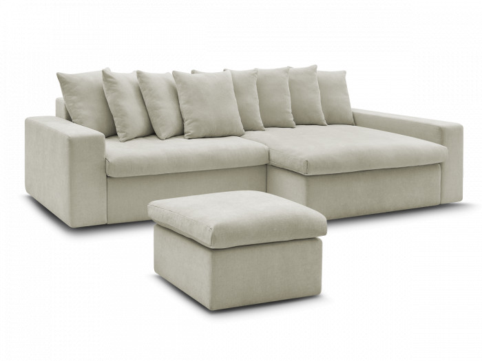 Canapé d'angle fixe ENORE tissu lisse avec pouf