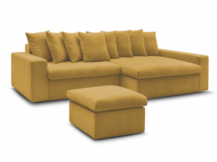 Canapé d'angle fixe ENORE tissu lisse avec pouf