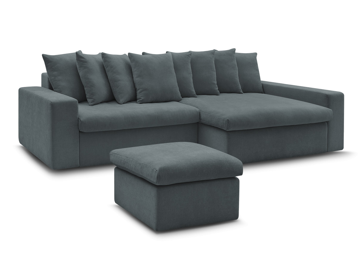 enore vaste hoekbank in gladde stof met voetenbank gekleurd blauw