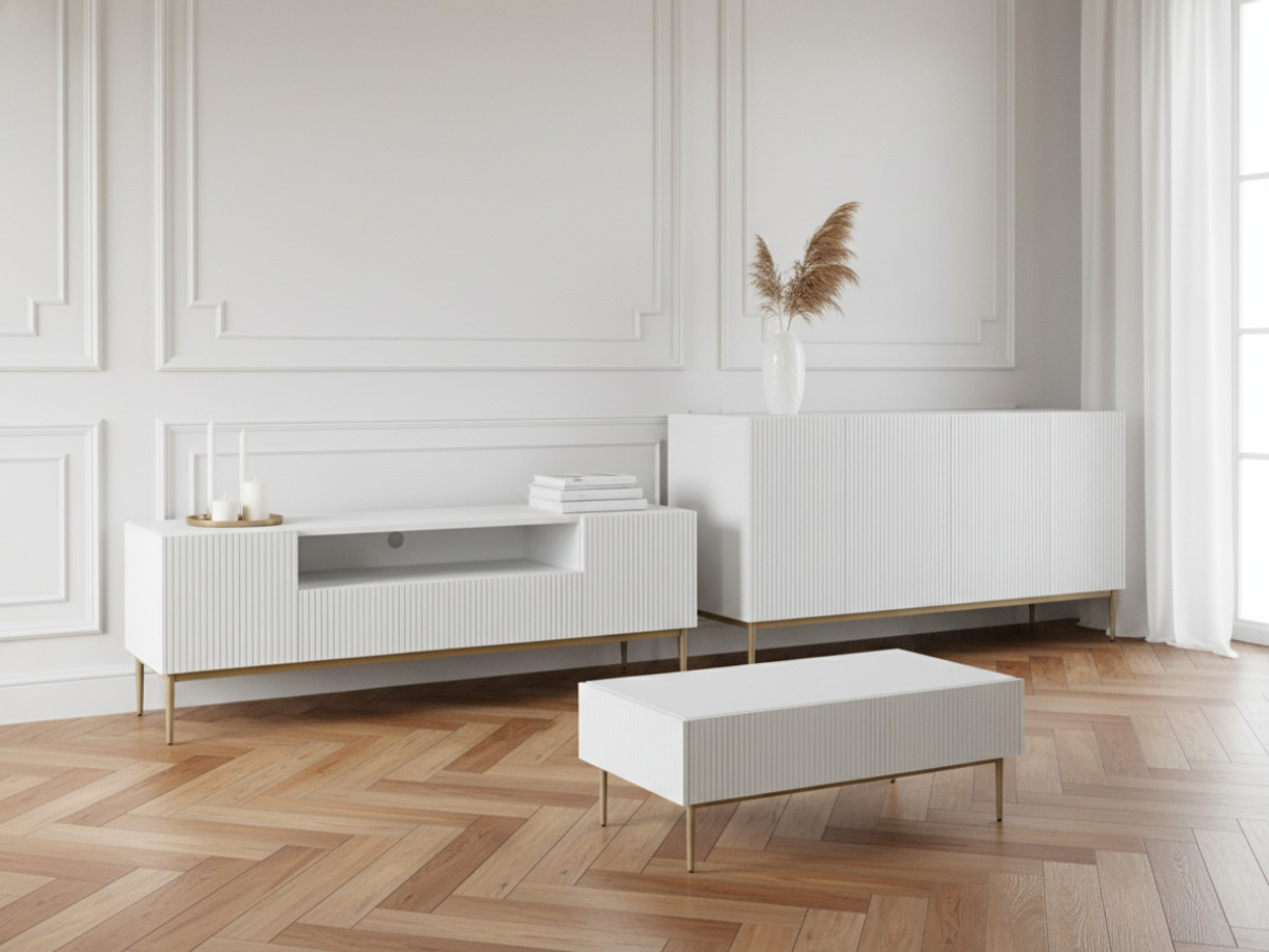 Ensemble KASHA avec Meuble TV 200 cm avec niche + Buffet 4 portes 200 cm pieds or blanc — vue 5