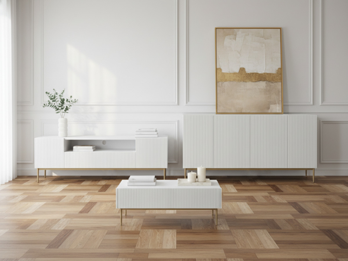 Ensemble KASHA avec Meuble TV 200 cm avec niche + Buffet 4 portes 200 cm pieds or blanc — vue 4