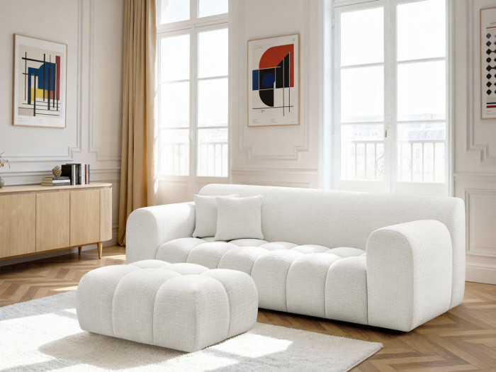 Canapé droit fixe 3 places MELISSE tissu texturé avec pouf