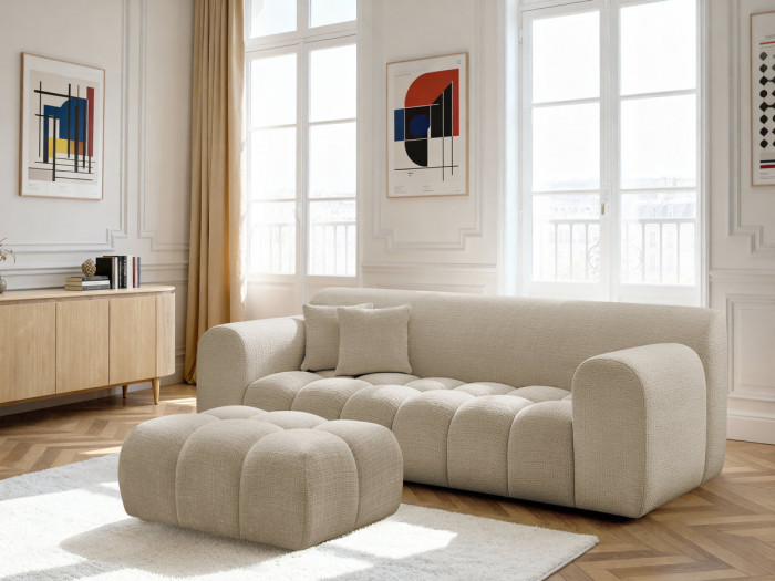 Canapé droit fixe 3 places MELISSE tissu texturé avec pouf