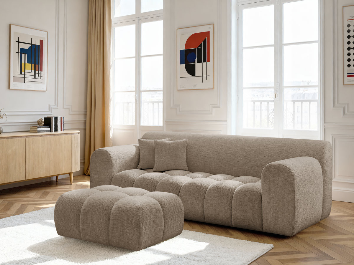 Canapé droit 3 places MELISSE texturé avec pouf taupe