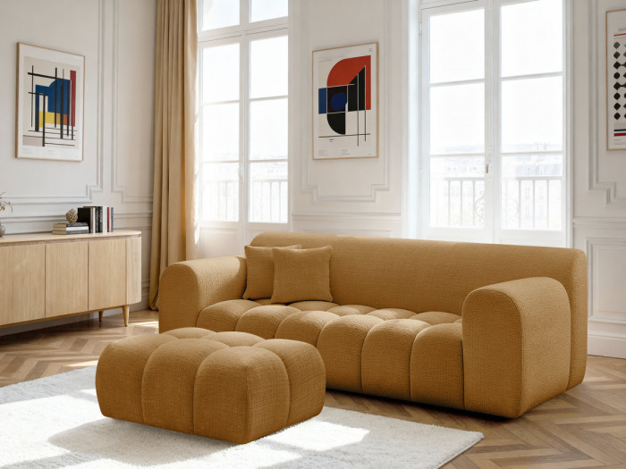 Canapé droit fixe 3 places MELISSE tissu texturé avec pouf