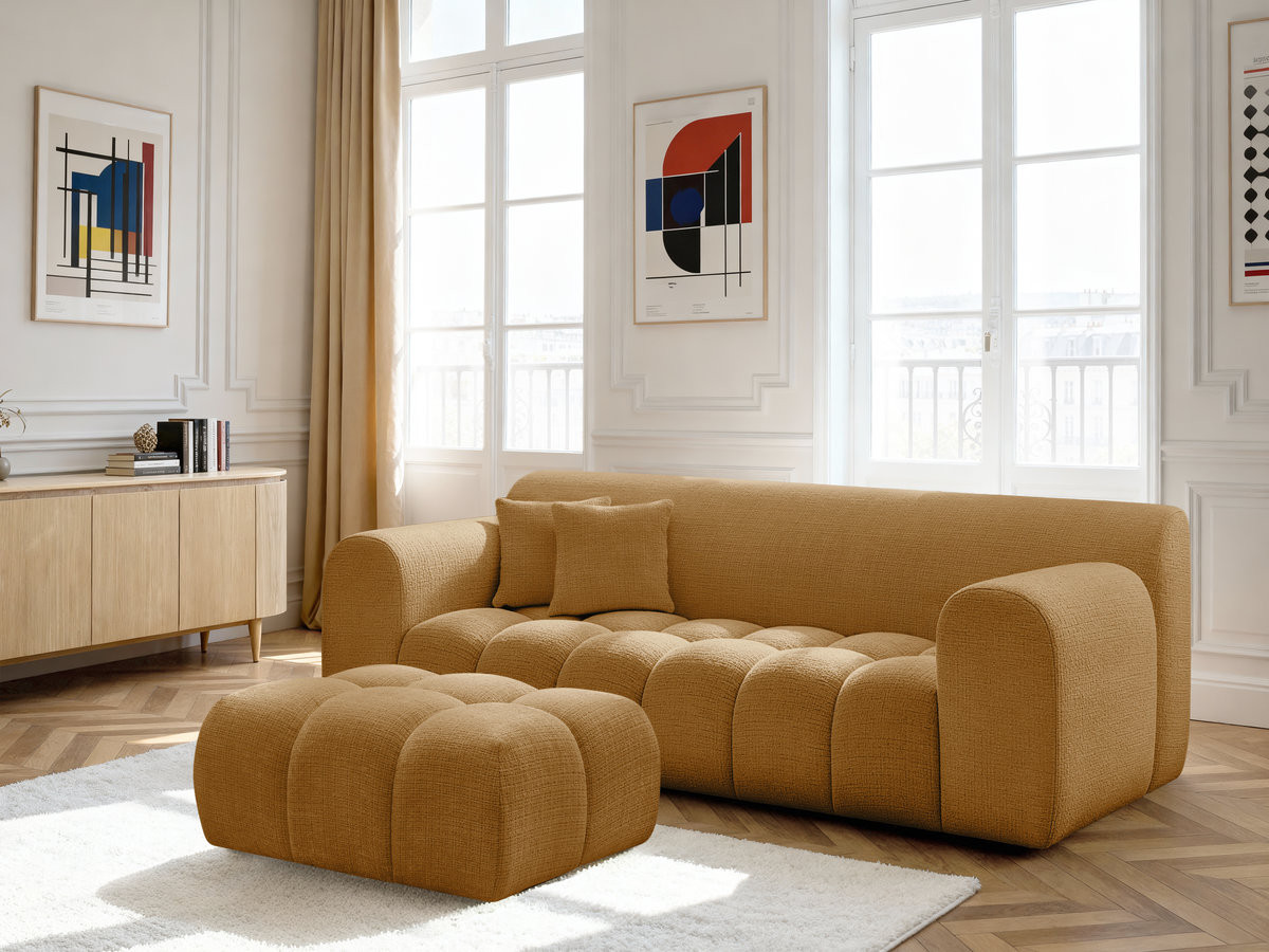 Canapé droit 3 places MELISSE texturé avec pouf jaune