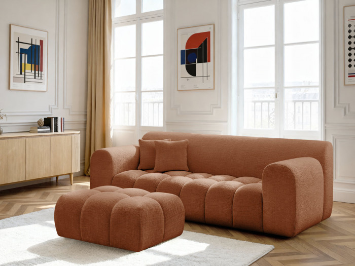 Canapé droit fixe 3 places MELISSE tissu texturé avec pouf