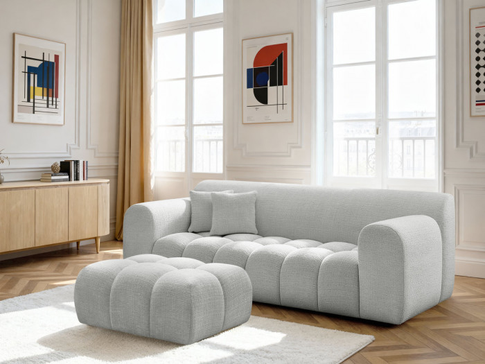Canapé droit fixe 3 places MELISSE tissu texturé avec pouf