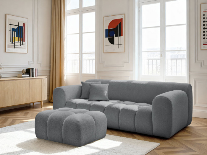 Canapé droit fixe 3 places MELISSE tissu chiné avec pouf