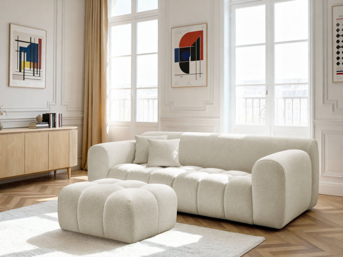 Canapé droit fixe 3 places MELISSE tissu chiné avec pouf