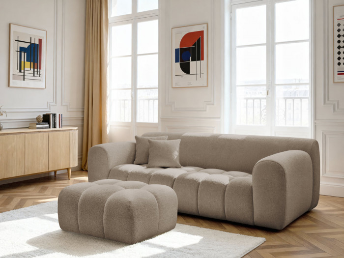 Canapé droit fixe 3 places MELISSE tissu chiné avec pouf