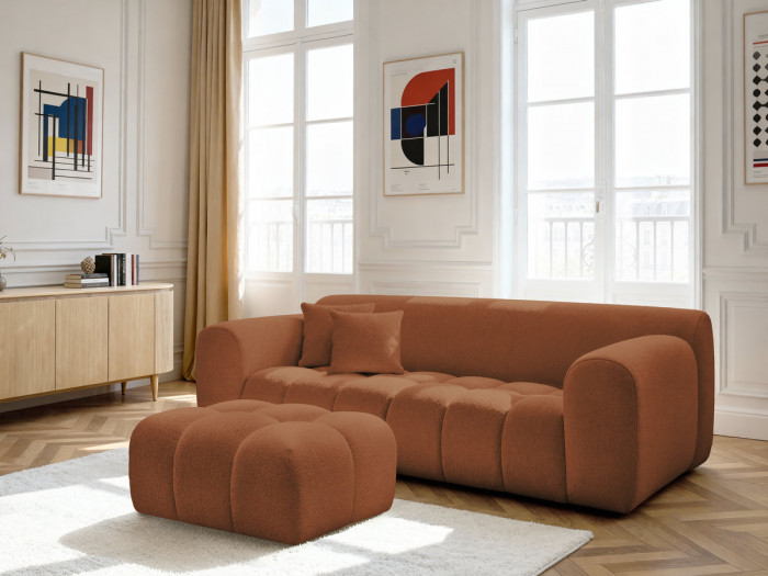 Canapé droit fixe 3 places MELISSE tissu chiné avec pouf