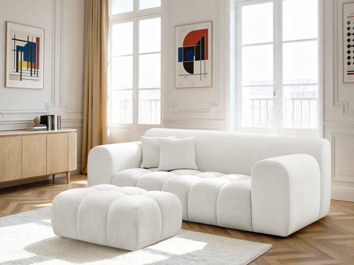 Canapé droit 2 places MELISSE texturé avec pouf blanc