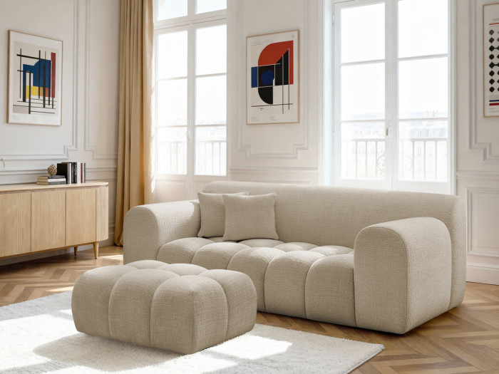 Canapé droit fixe 2 places MELISSE tissu texturé avec pouf