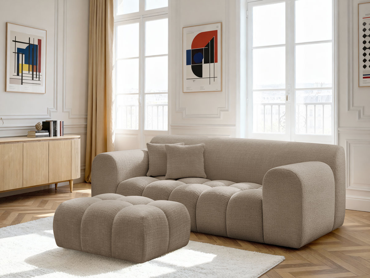 Canapé droit 2 places MELISSE texturé avec pouf taupe