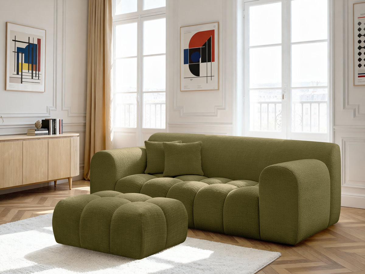 Canapé droit fixe 2 places MELISSE tissu texturé avec pouf Canapé droit fixe 2 places MELISSE tissu texturé avec pouf