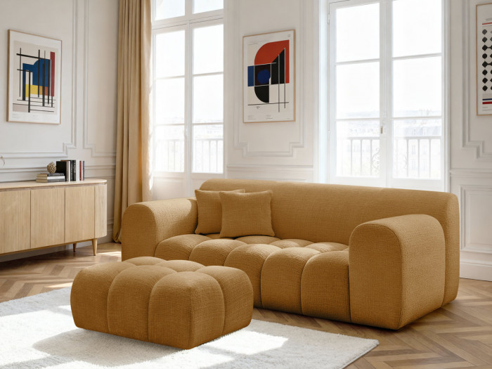 Canapé droit fixe 2 places MELISSE tissu texturé avec pouf