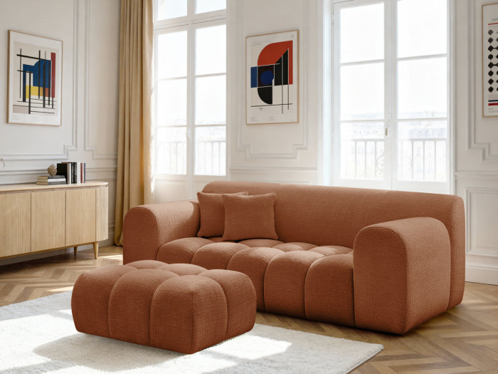 Canapé droit fixe 2 places MELISSE tissu texturé avec pouf
