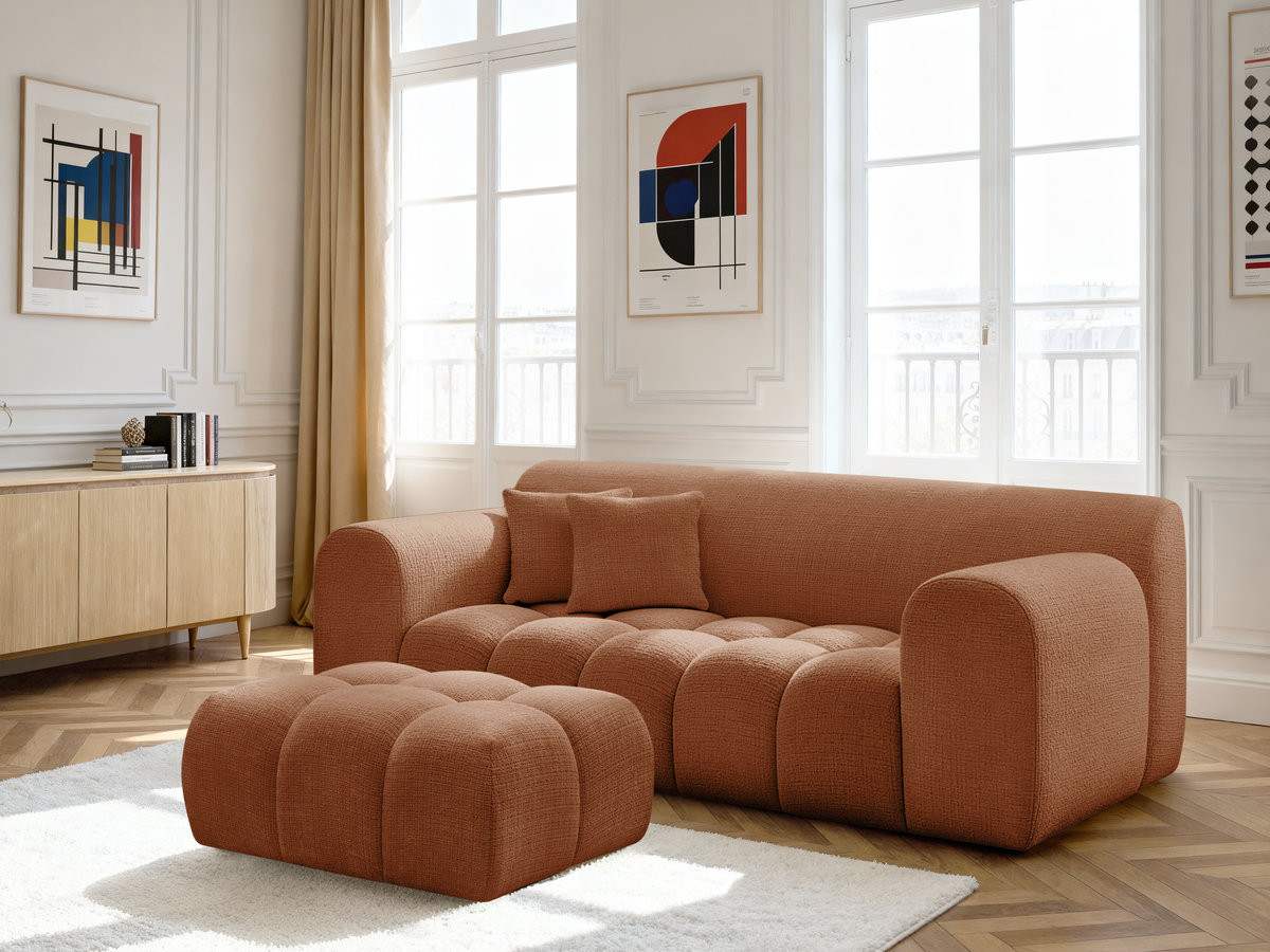 Canapé droit 2 places MELISSE texturé avec pouf orange