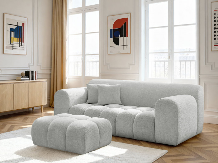 Canapé droit fixe 2 places MELISSE tissu texturé avec pouf