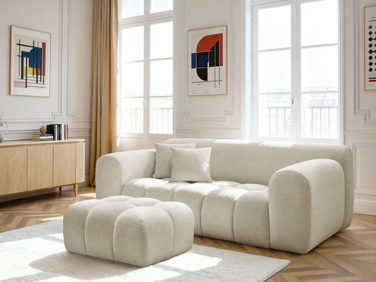 Canapé droit 2 places MELISSE chiné avec pouf blanc