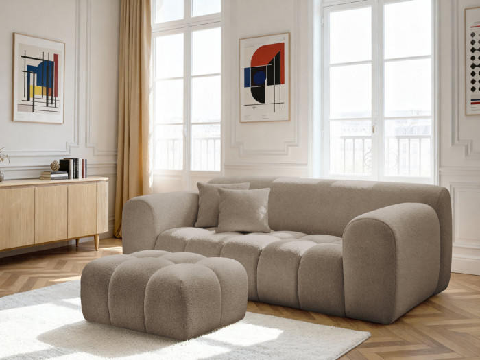 Canapé droit fixe 2 places MELISSE tissu chiné avec pouf