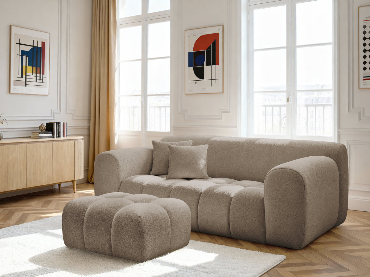 Canapé droit fixe 2 places MELISSE tissu chiné avec pouf