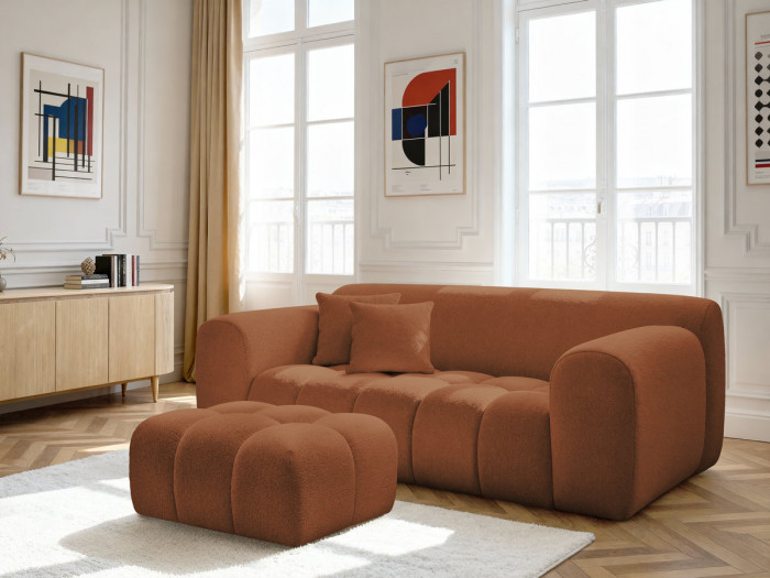 Canapé droit fixe 2 places MELISSE tissu chiné avec pouf