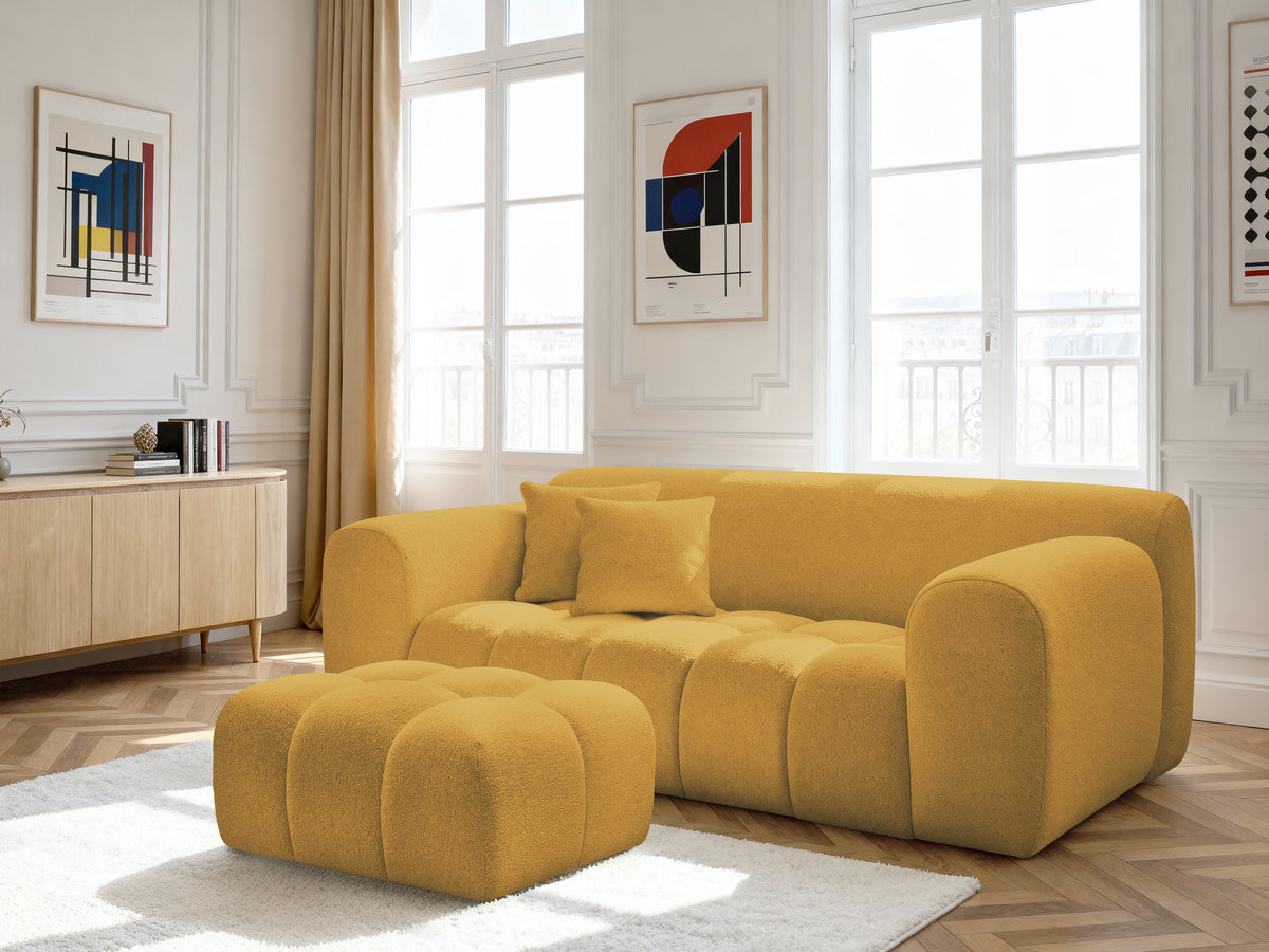 Canapé droit 2 places MELISSE chiné avec pouf jaune