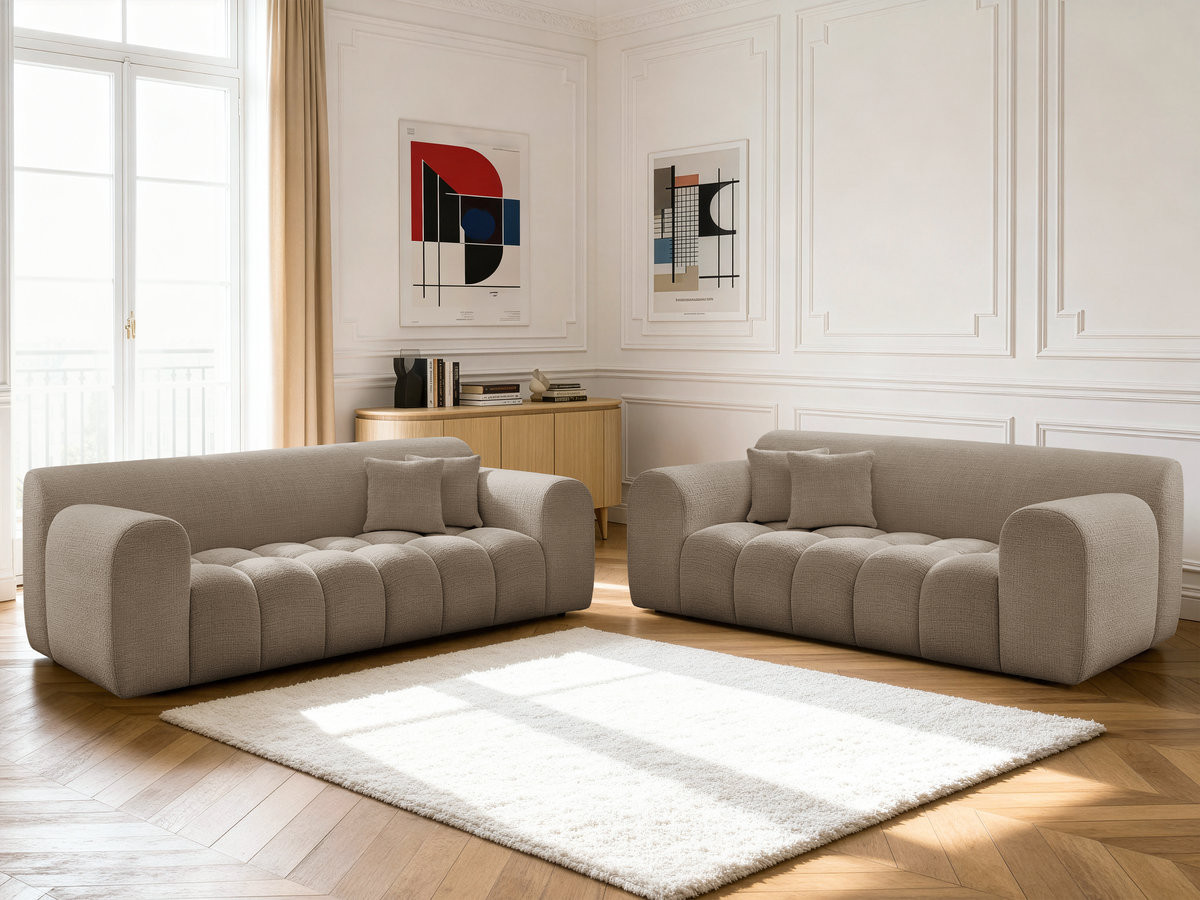 Ensemble canapé droit fixe 3 + 2 places MELISSE tissu texturé Ensemble canapé droit fixe 3 + 2 places MELISSE tissu texturé