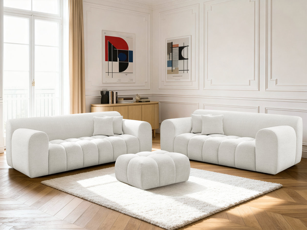 Ensemble canapé droit fixe 3 + 2 places MELISSE tissu texturé avec pouf Ensemble canapé droit fixe 3 + 2 places MELISSE tissu texturé avec pouf