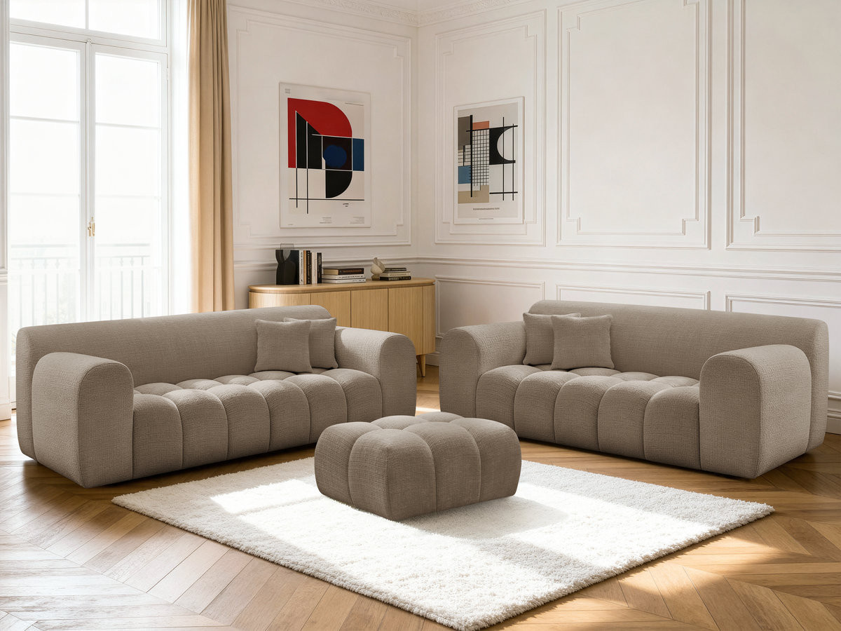Ensemble canapé droit 3 + 2 places MELISSE texturé avec pouf taupe