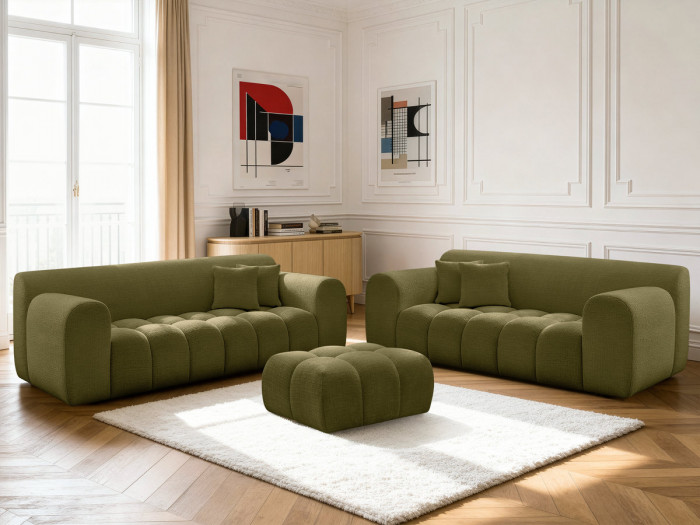 Ensemble canapé droit fixe 3 + 2 places MELISSE tissu texturé avec pouf