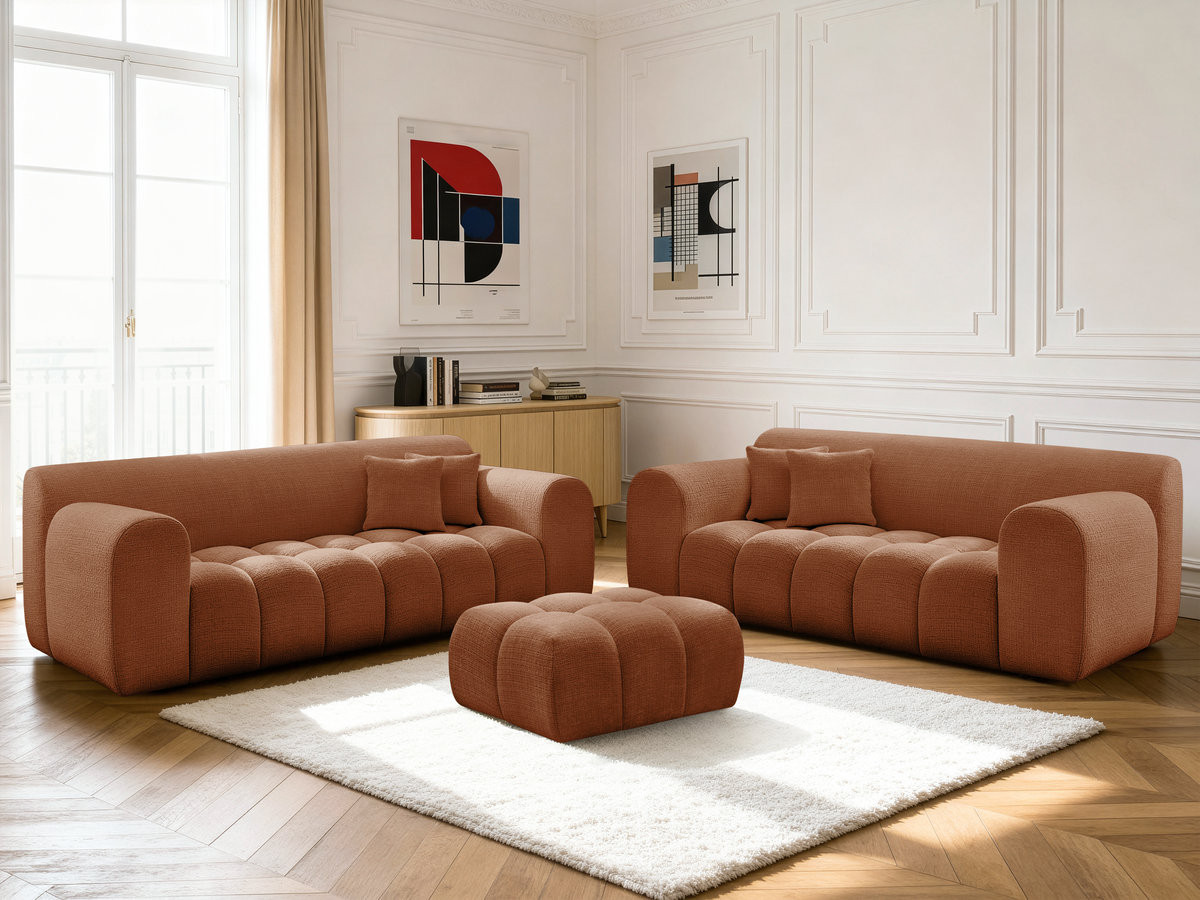 Ensemble canapé droit 3 + 2 places MELISSE texturé avec pouf orange