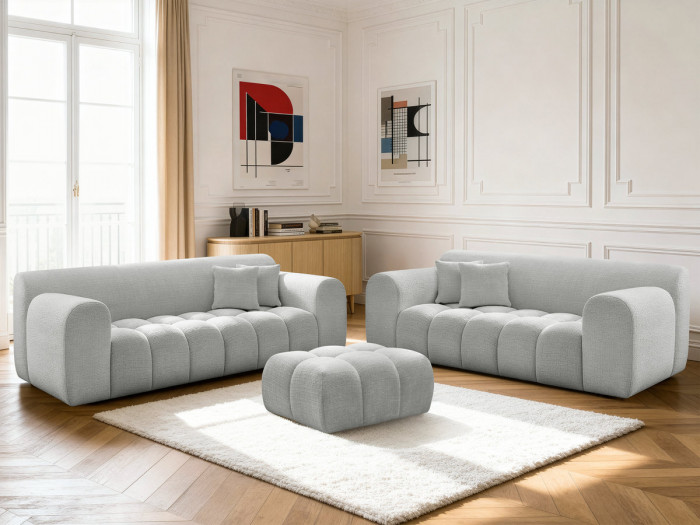 Ensemble canapé droit fixe 3 + 2 places MELISSE tissu texturé avec pouf