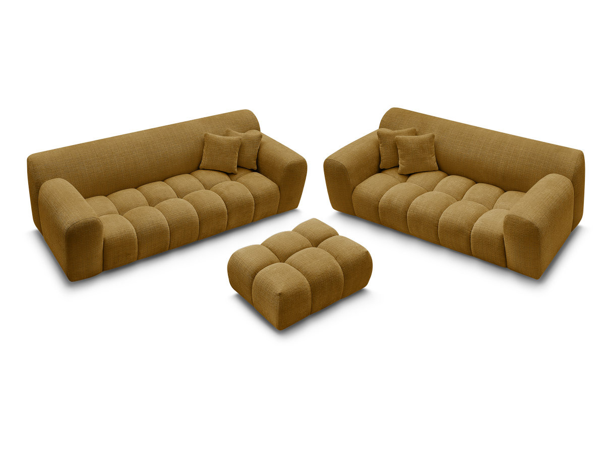 Ensemble canapé droit 3 + 2 places MELISSE texturé avec pouf jaune — vue 5